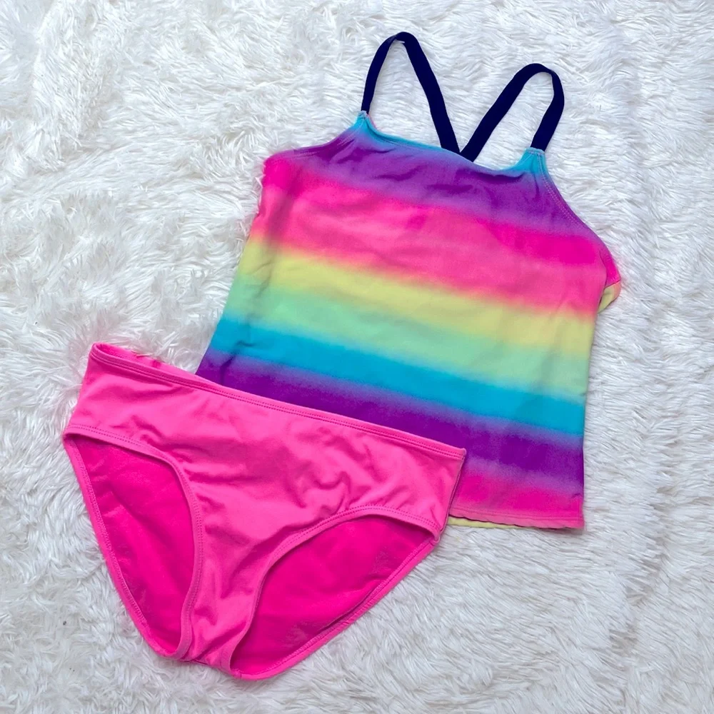 Justice Pink Green Tye Dye Tankini Bikini Bathing Suit Set Girl’s Size 14